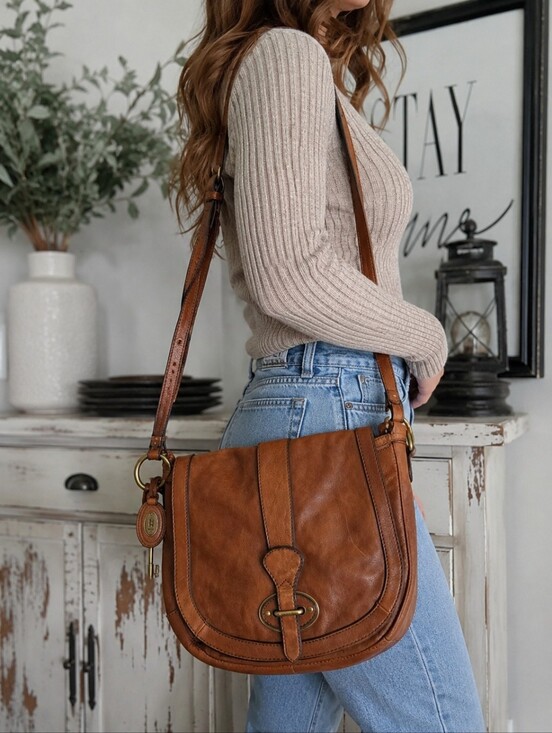 Fossil Handbags - Fossil Leather Crossbody Saddle Bag Brown Key Charm Flap Purse Adjustable Strap